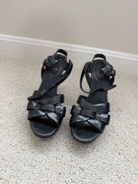 Saint Laurent Tribute Black Textured Leather Sandal Heels Size 36.5